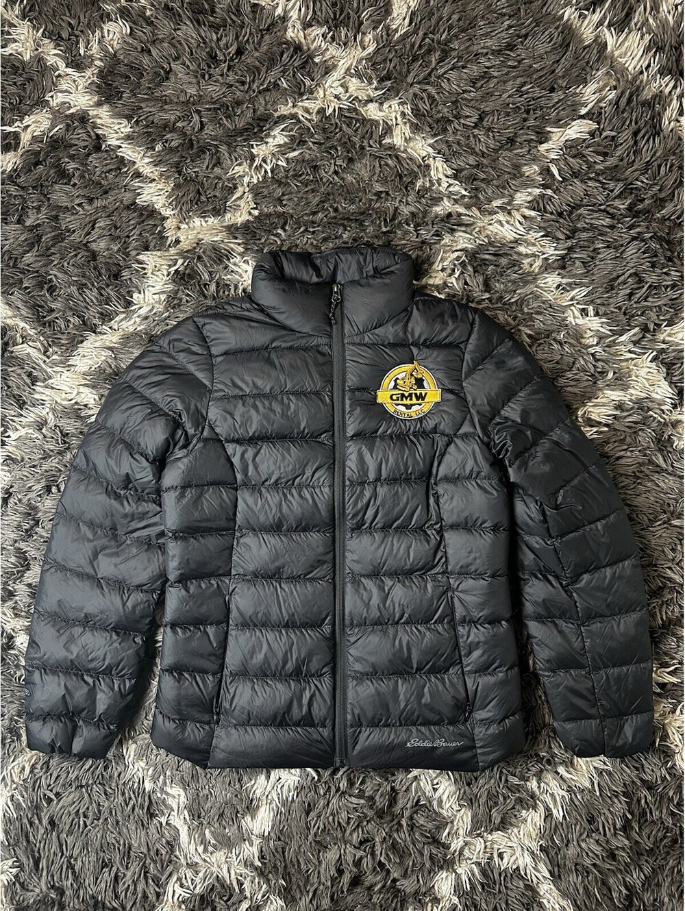 Eddie Bauer Womens Size S Black Down Puffer Jacket Coat GMW Rental Logo